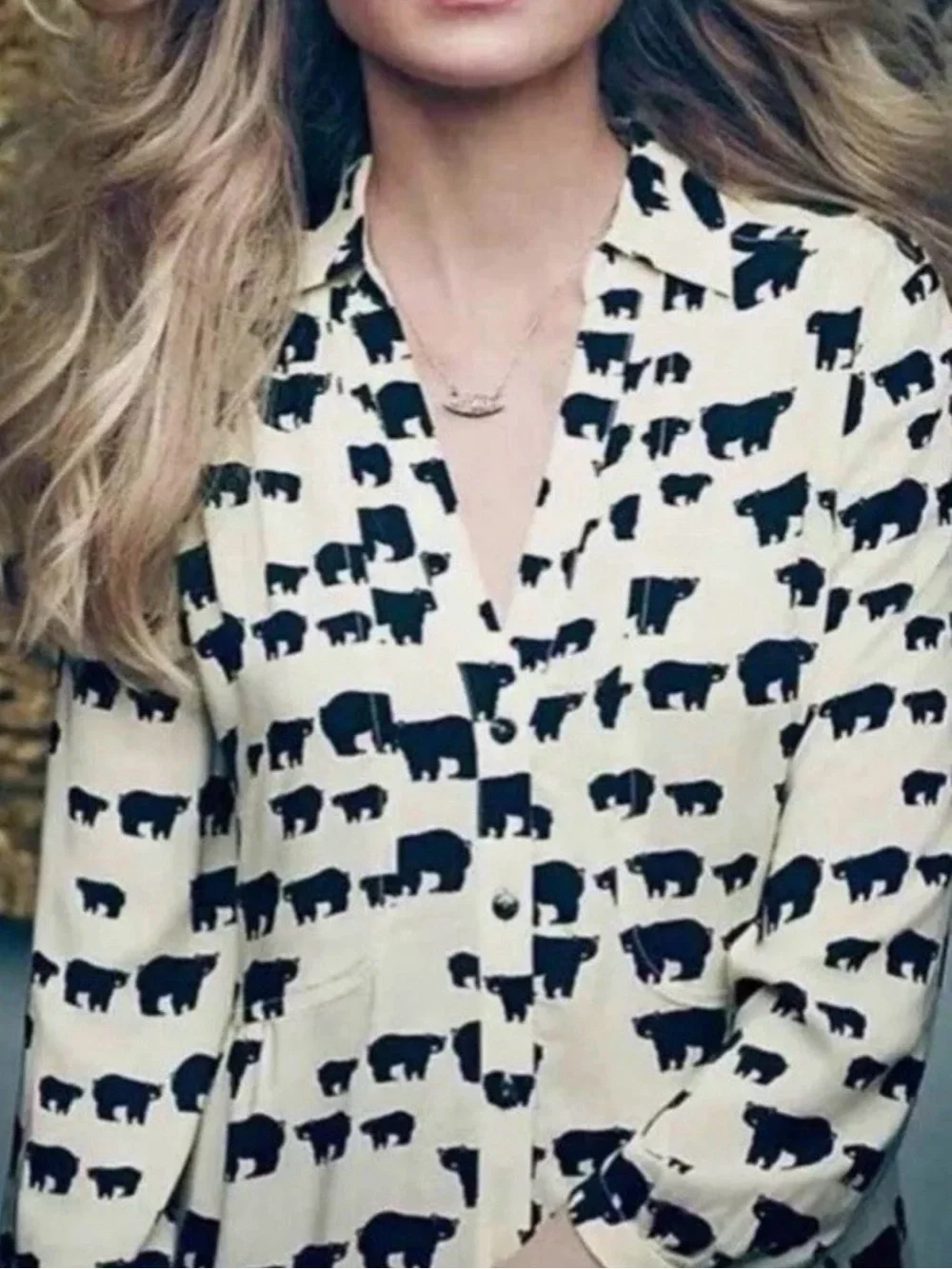 Maeve by Anthropologie Ivory and Black Printed Button-Front Blouse with bears - Picture 4 of 7